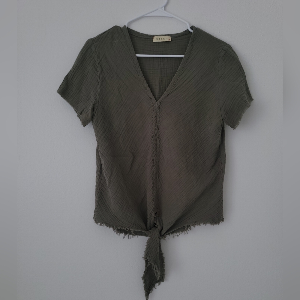 Stark X Anthropologie Elegant Olive V-Neck Tie-Front Top 100% Cotton Size S